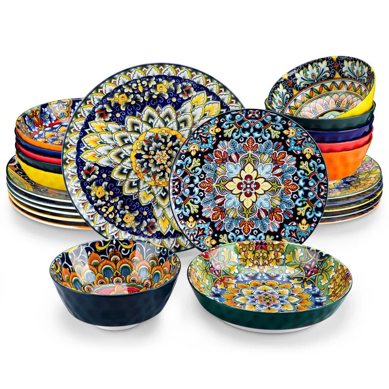 Malacasa Bohemia Retro 12-Piece Ceramic Dinnerware Set – Vibrant Colorful Plates & Bowls Service for 4 24PCS United States