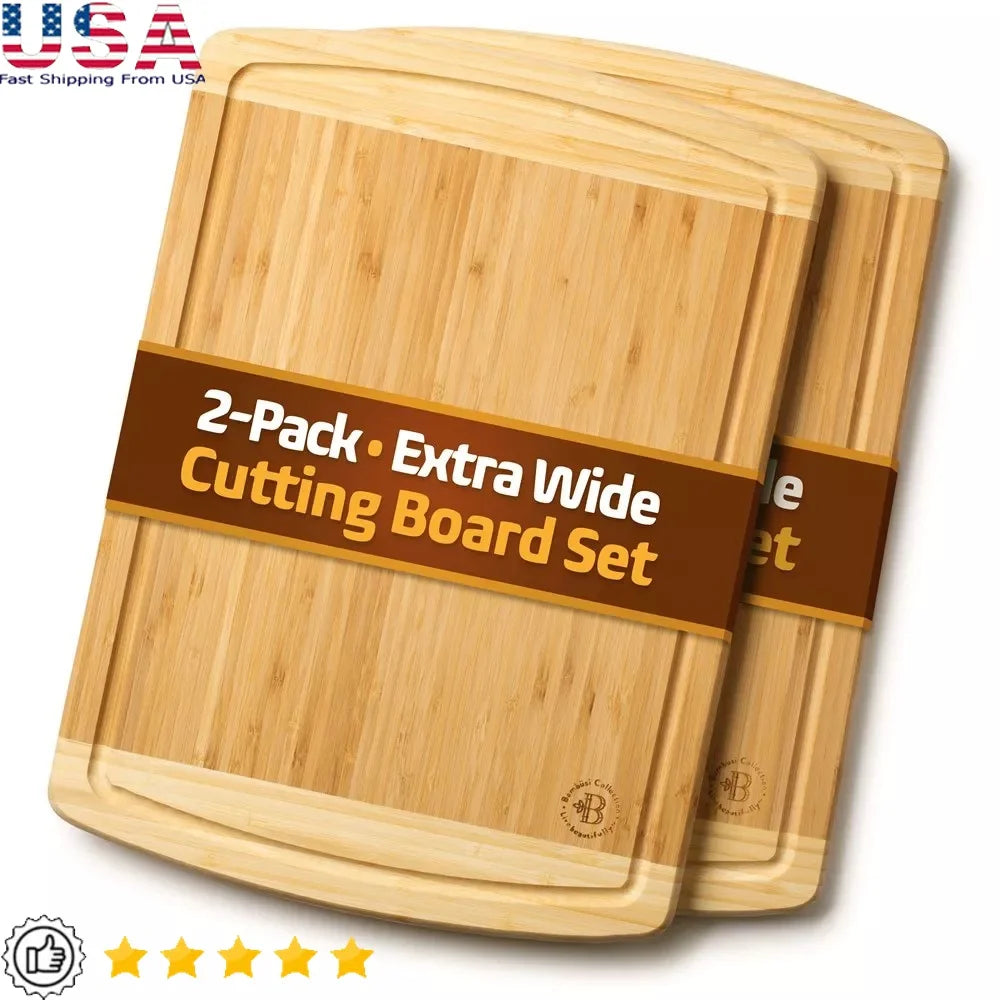 Premium Bamboo Cutting Board Set – Large 2-Pack Non-Slip Chopping Blocks with Deep Juice Grooves & Charcuterie Serving Trays United States