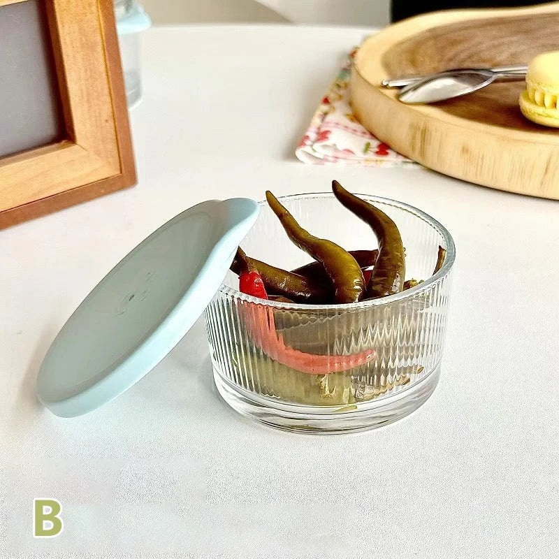 200ml Glass Storage Jars with Airtight Lid | Bubble, Ribbed & Smooth Textures B Ribbed Vertical Stripe Glass
