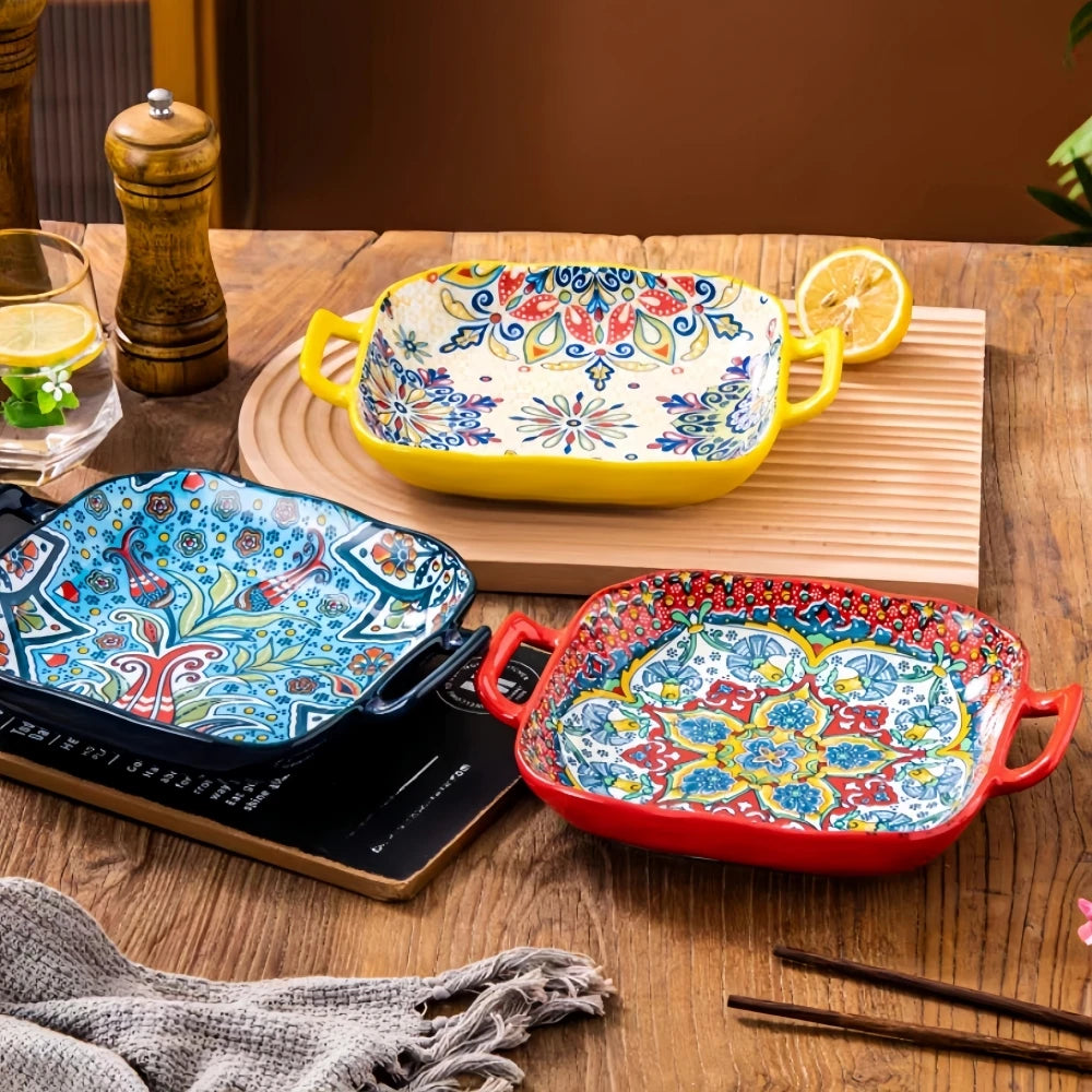 Hand-Painted Bohemian Ceramic Baking Dish - Square with Handles