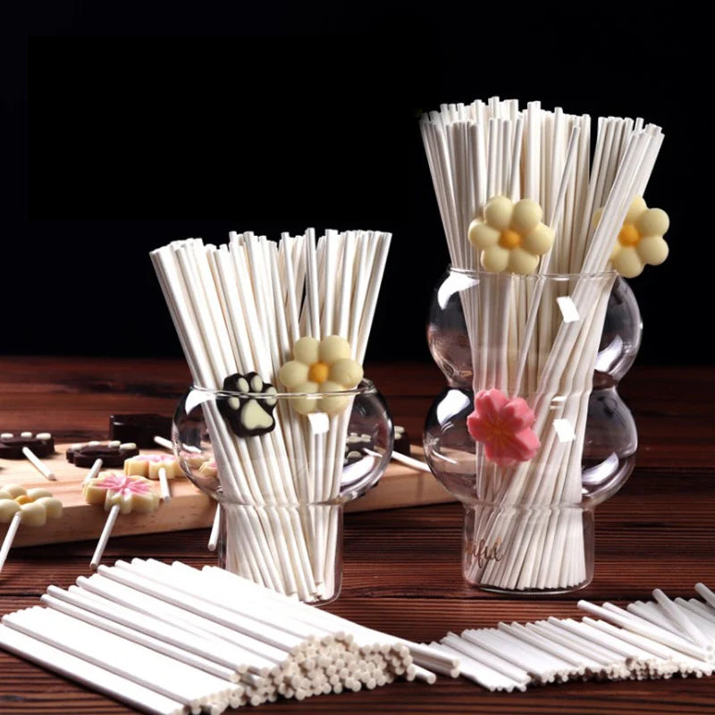 100Pcs Lollipop Cake Paper Stick Pops White Solid Paper Stick Baking DIY Mold
