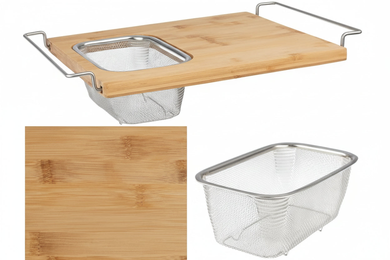 2-in-1 Over-the-Sink Bamboo Cutting Board with Removable Stainless Steel Strainer