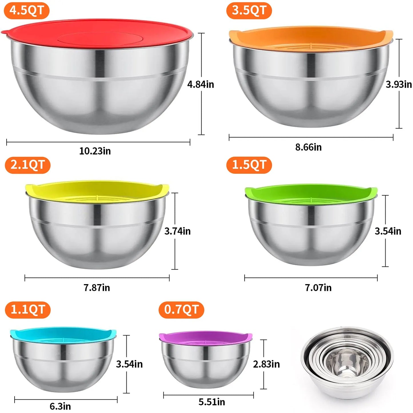 6-Piece Stainless Steel Mixing Bowl Set with Lids & Kitchen Tools