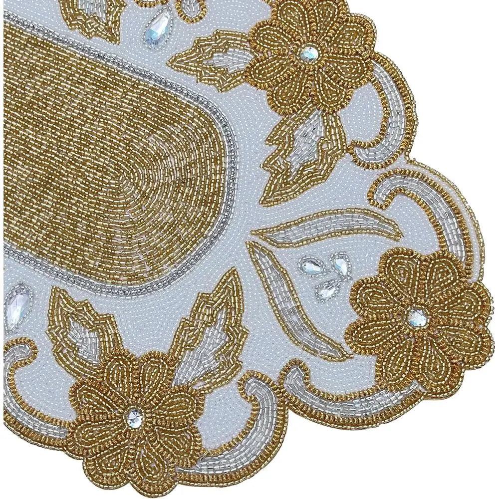 Gold & Ivory Beaded Table Runner – Handmade Floral Design, 36" Luxury Holiday Decor