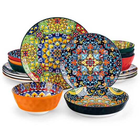 Malacasa Bohemia Retro 12-Piece Ceramic Dinnerware Set – Vibrant Colorful Plates & Bowls Service for 4 16PCS United States