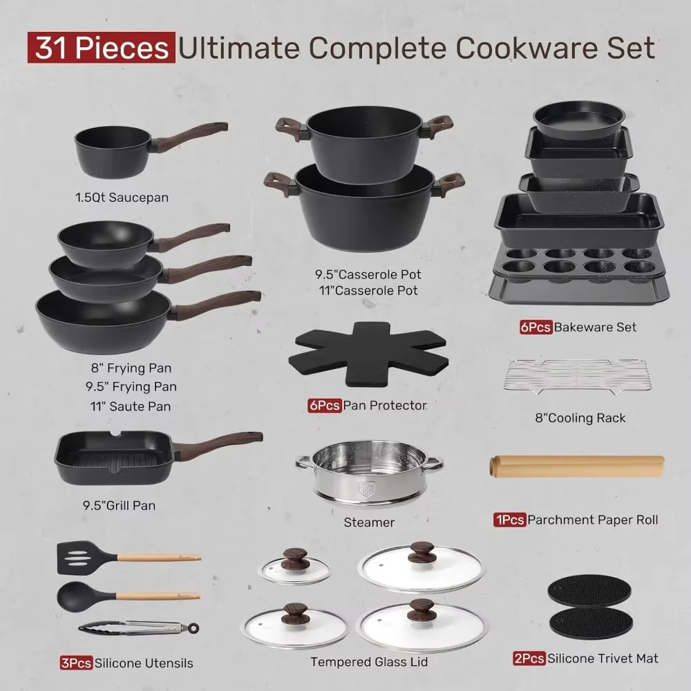31 Piece Kitchen Nonstick Cooking Cookware Sets with Grill Pan