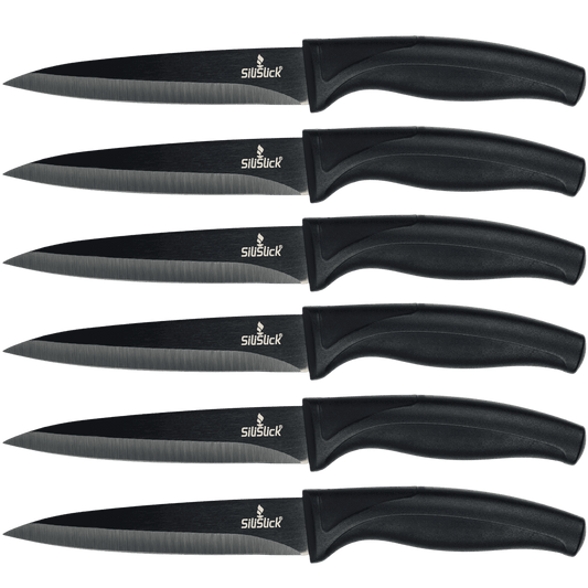 Steak Knife Set 6 Titanium Coated Black Handle, Black Blade