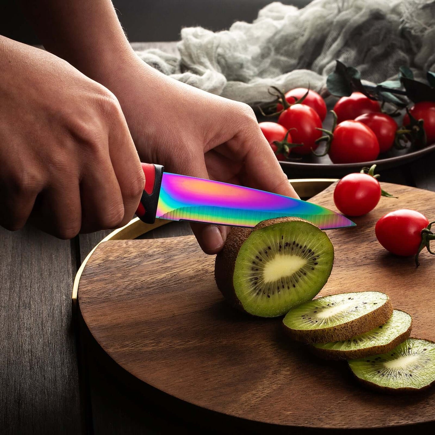 Steak Knife Set 4 Rainbow Titanium Coated Blades & Red Handles