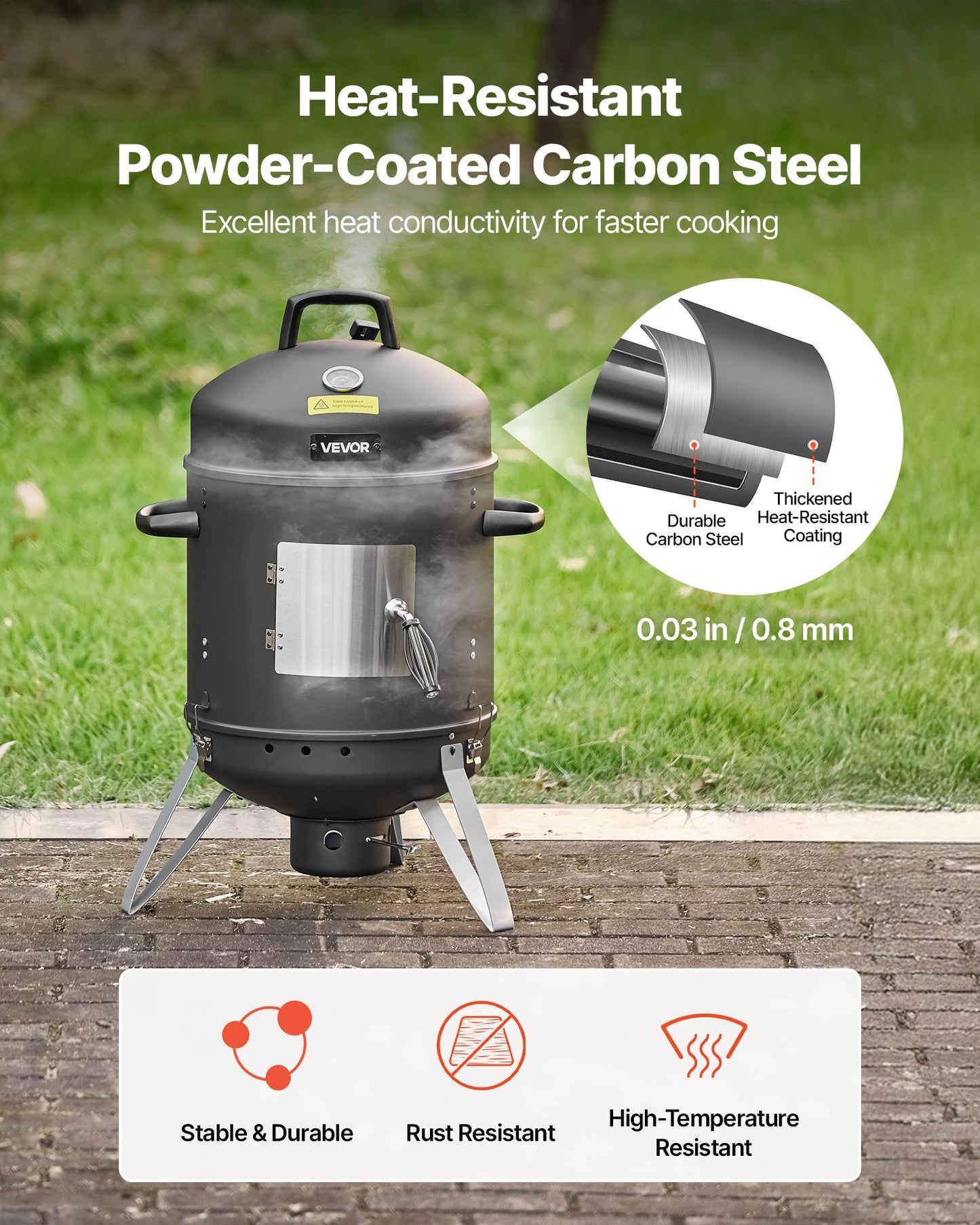 16" Vertical Charcoal Smoker & BBQ Grill | 2 Cooking Grates, Built-In Thermometer