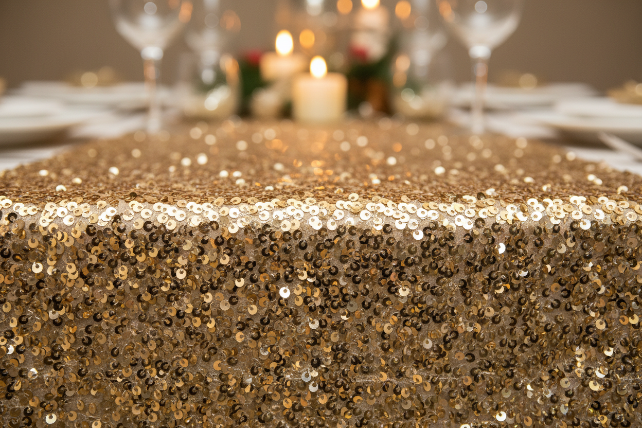 Gold Table Runner Sheer Gauze Chiffon Tulle Cheesecloth with Golden Sequin Glitter Metallic Foil for Elegant Entertainment
