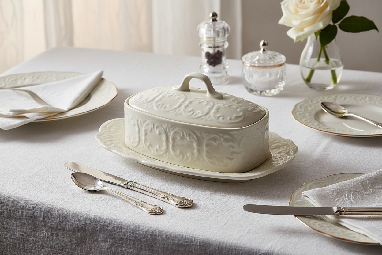 White Stoneware Butter Dish – Elegant Scroll Design, Microwave, Dishwasher Safe