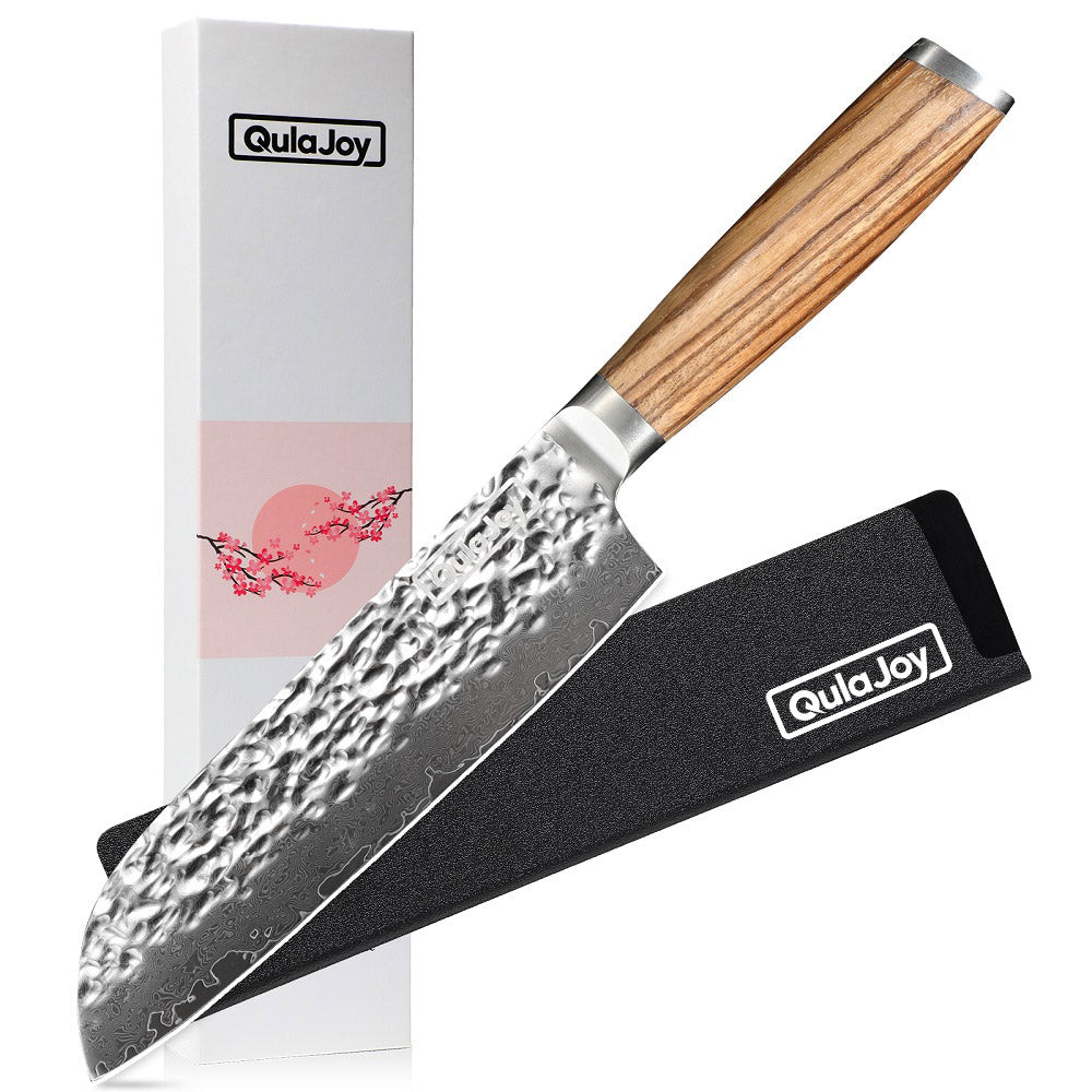 Qulajoy Nakiri Knife 7 Inch – Hammered Japanese Vegetable Knife 9Cr18MoV Mirror Polished Blade Chef