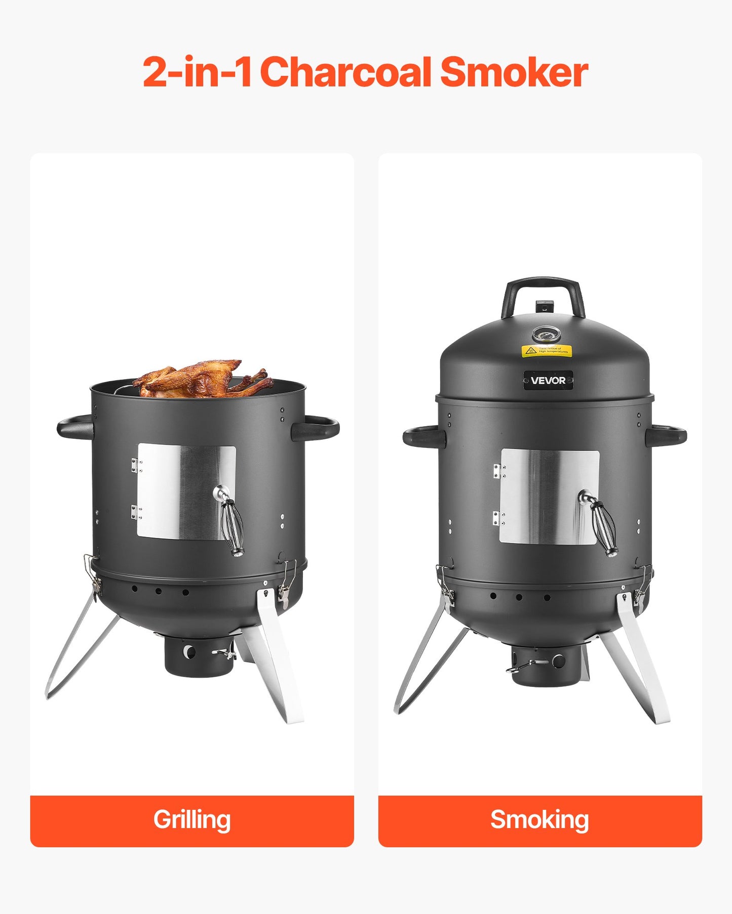 16" Vertical Charcoal Smoker & BBQ Grill | 2 Cooking Grates, Built-In Thermometer