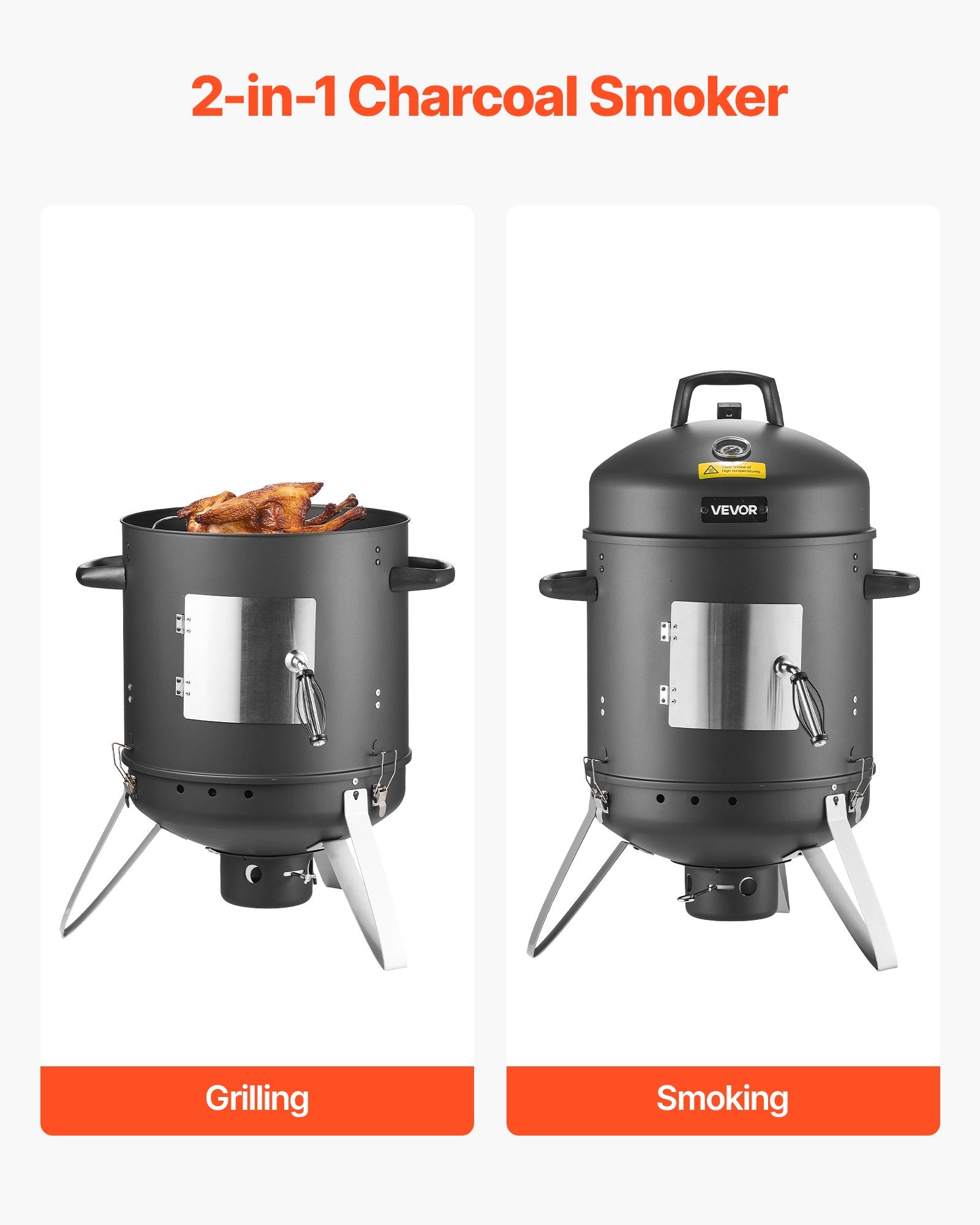 16" Vertical Charcoal Smoker & BBQ Grill | 2 Cooking Grates, Built-In Thermometer
