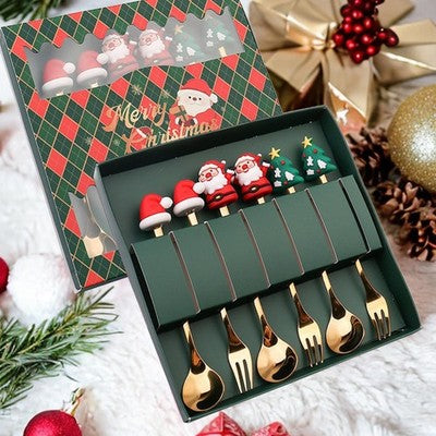 6-Piece Christmas Flatware Set – 3 Serving Spoons & 3 Forks with Festive Holiday Design (Style D)