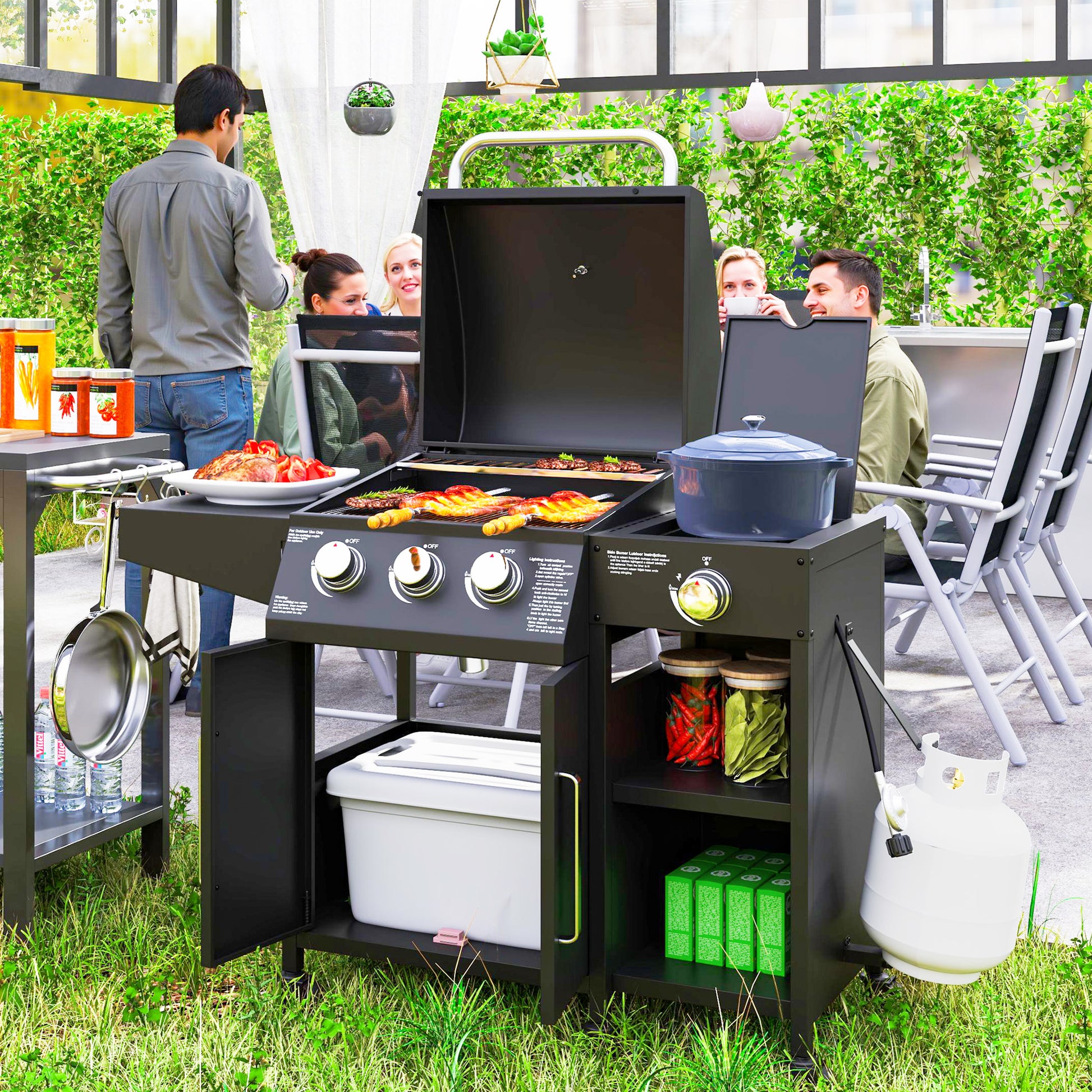 3-Burner Propane Gas Grill with Side Burner | 310 Sq. In. Cooking Area & Storage Cabinet