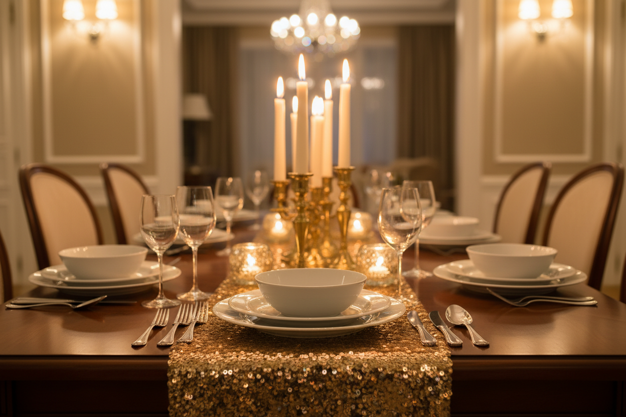 Gold Table Runner Sheer Gauze Chiffon Tulle Cheesecloth with Golden Sequin Glitter Metallic Foil for Elegant Entertainment