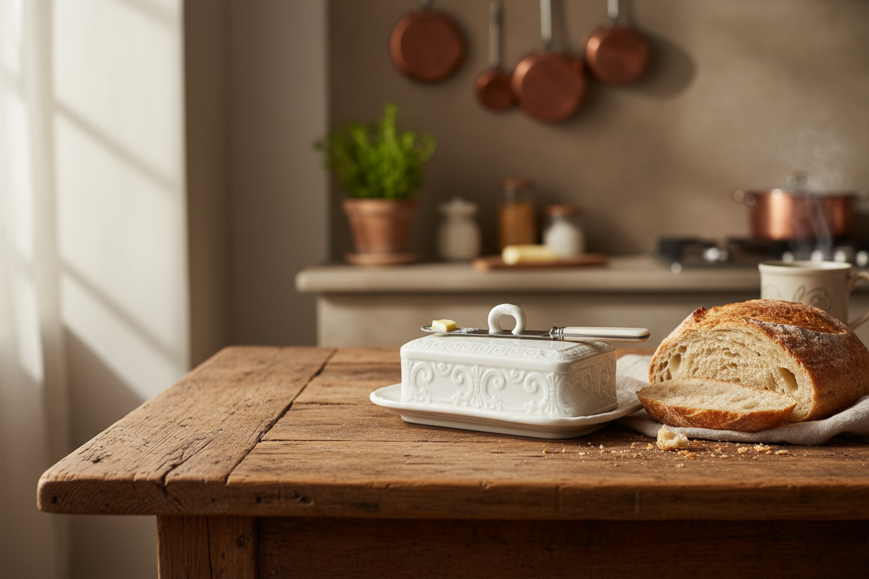 White Stoneware Butter Dish – Elegant Scroll Design, Microwave, Dishwasher Safe